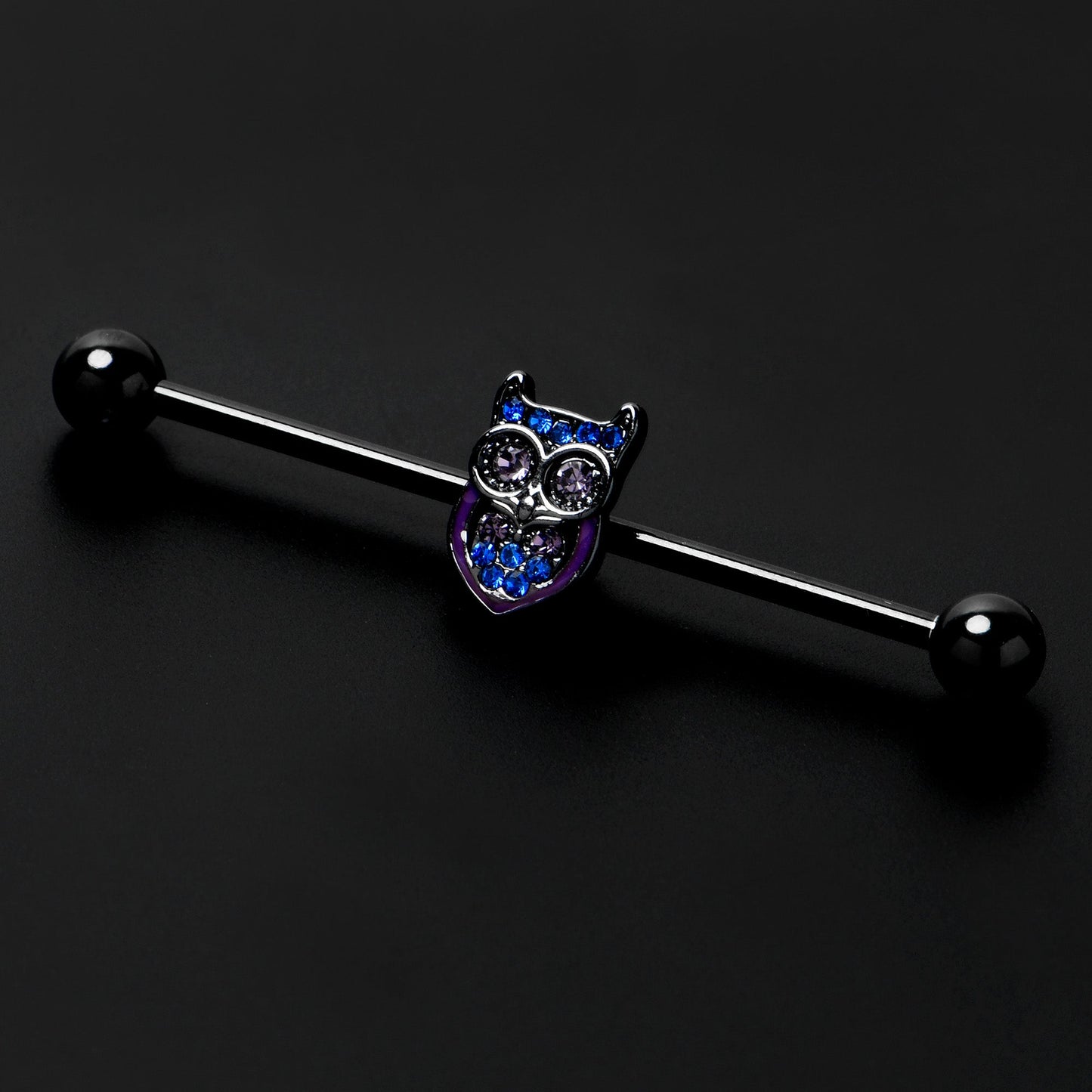 14G Blue Purple Gem Black Opulent Owl Industrial Barbell 38mm