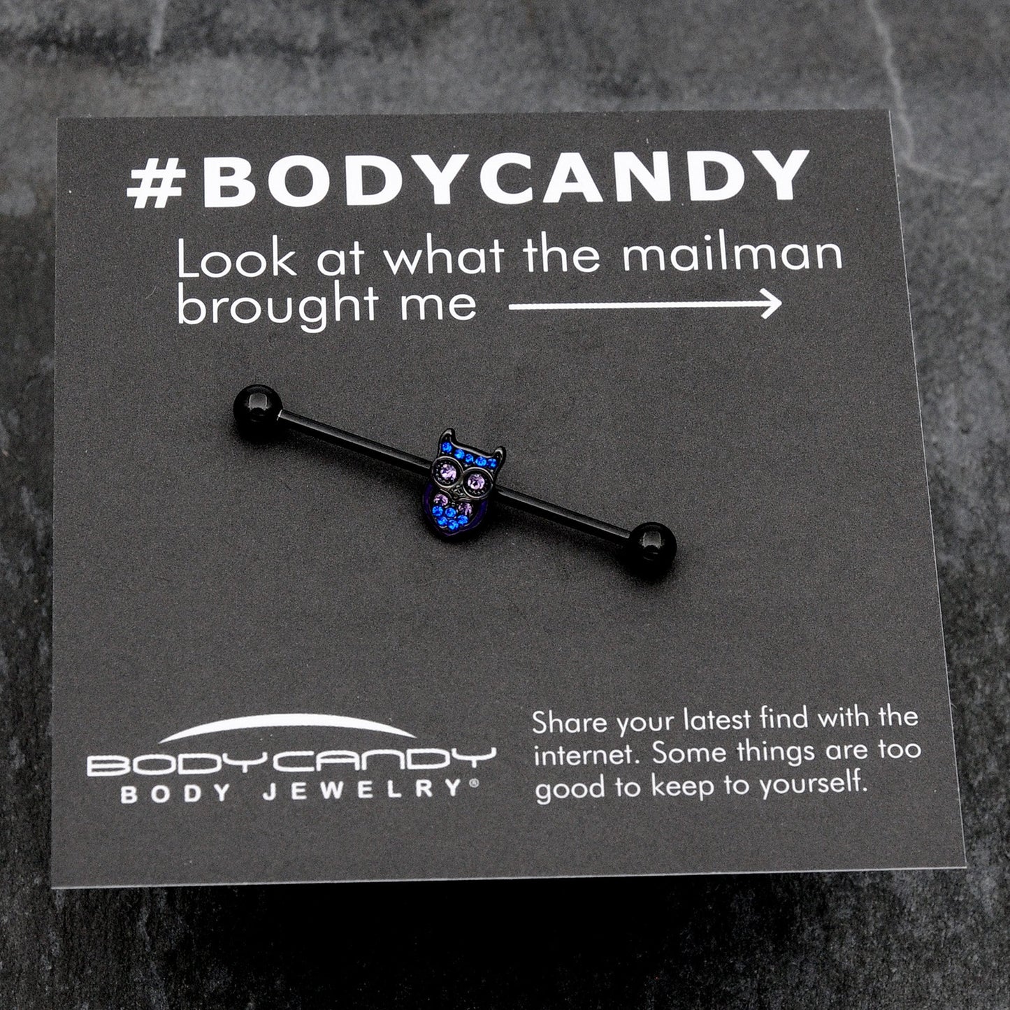 14G Blue Purple Gem Black Opulent Owl Industrial Barbell 38mm