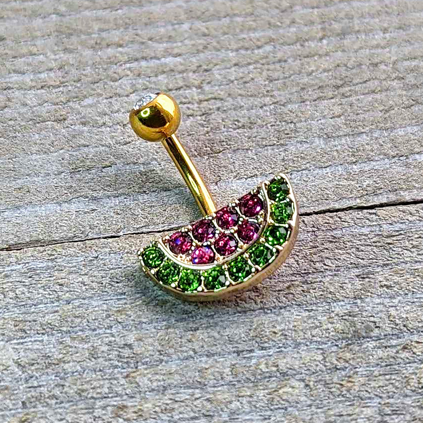 Pink Green Gem Gold Tone Watermelon Yum Belly Ring