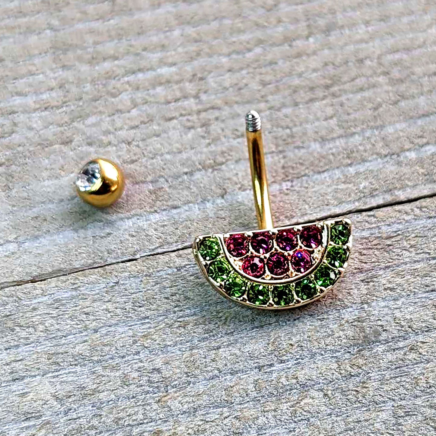 Pink Green Gem Gold Tone Watermelon Yum Belly Ring