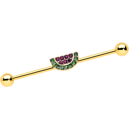 14G Pink Green Gem Gold Hue Watermelon Yum Industrial Barbell 38mm