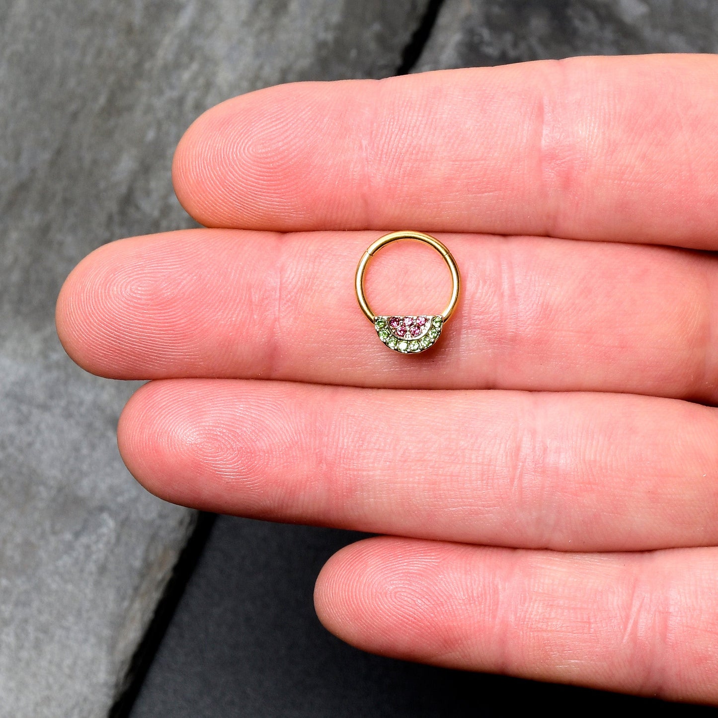 16G 3/8 Pink Green Gem Gold Hue Watermelon Yum Hinged Segment Ring