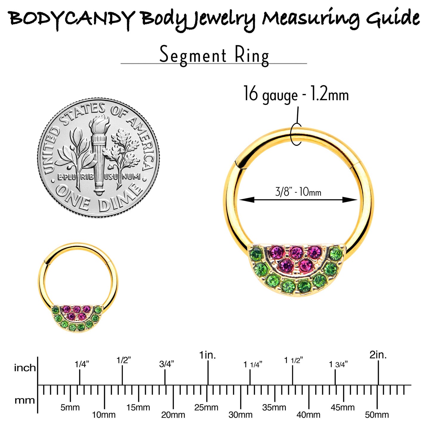 16G 3/8 Pink Green Gem Gold Hue Watermelon Yum Hinged Segment Ring