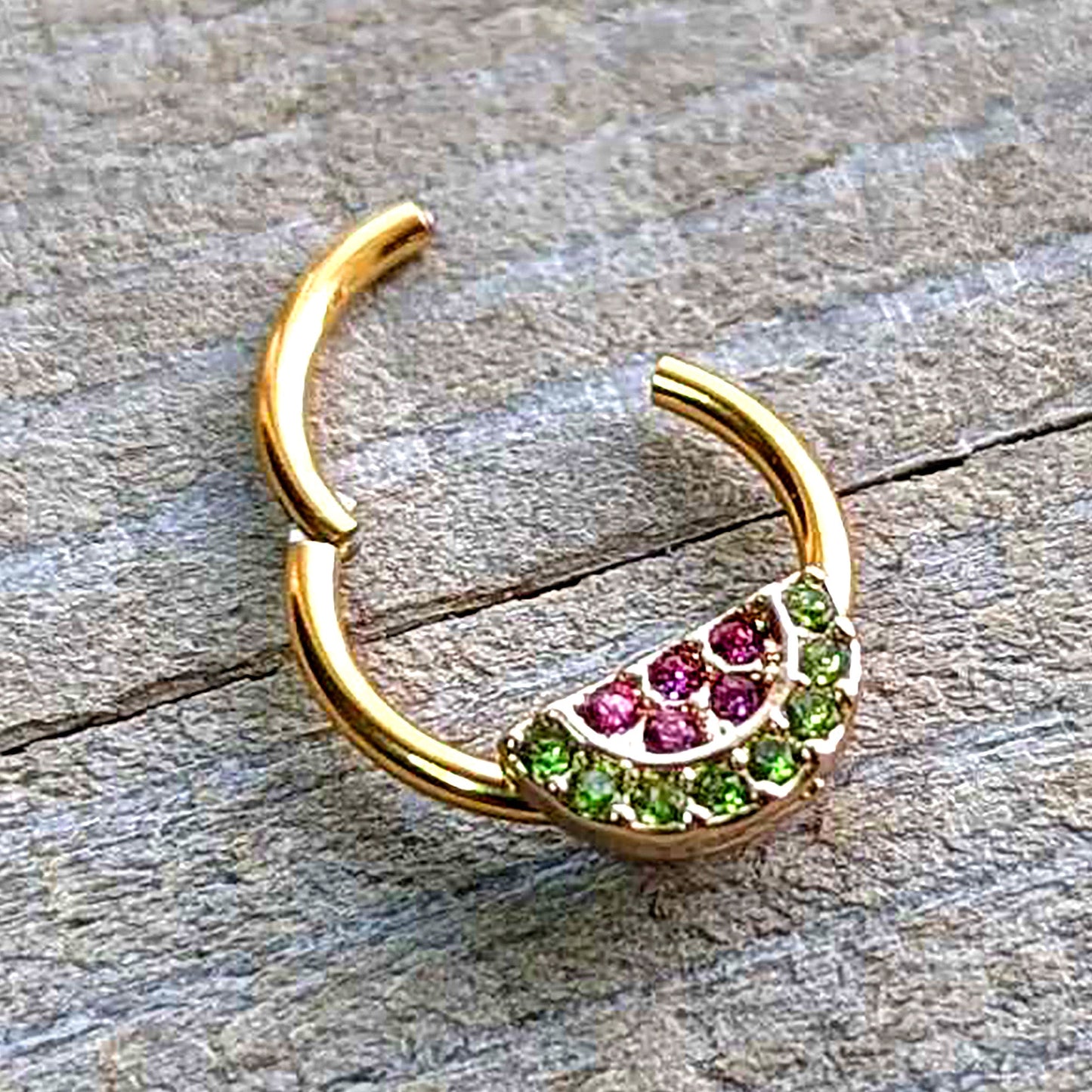 16G 3/8 Pink Green Gem Gold Hue Watermelon Yum Hinged Segment Ring