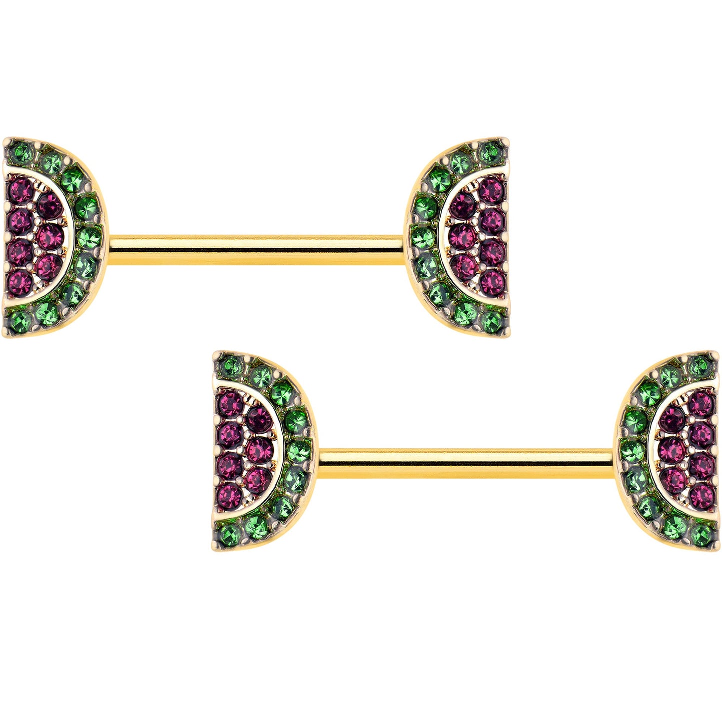 14G 9/16 Pink Gem Gold Hue Watermelon Yum Barbell Nipple Ring Set