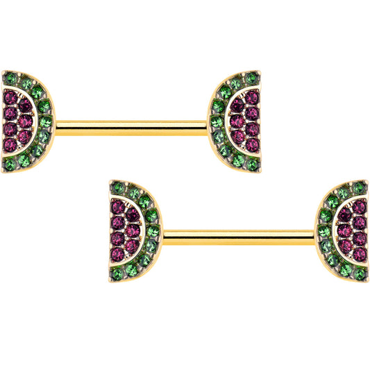 14G 9/16 Pink Gem Gold Hue Watermelon Yum Barbell Nipple Ring Set