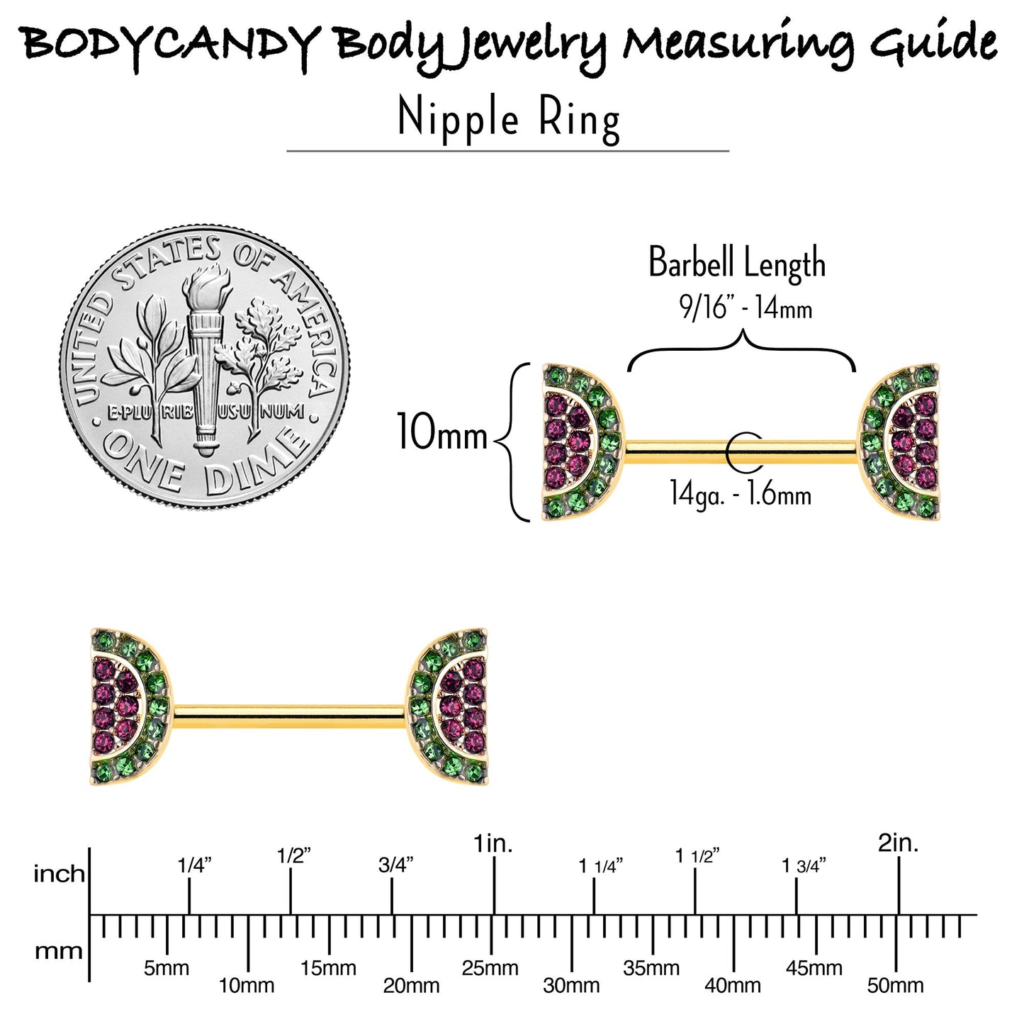 14G 9/16 Pink Gem Gold Hue Watermelon Yum Barbell Nipple Ring Set