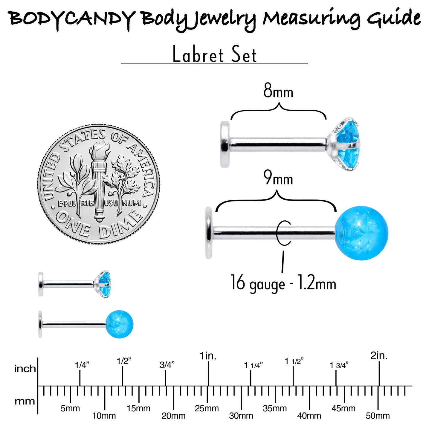 16G 5/16 3/8 Blue Gem Faux Opal Labret Monroe Tragus Set of 4