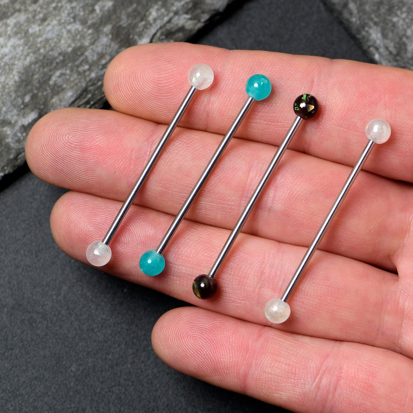 14G Green Aurora Black Faux Opal Pack Industrial Barbell Set of 4
