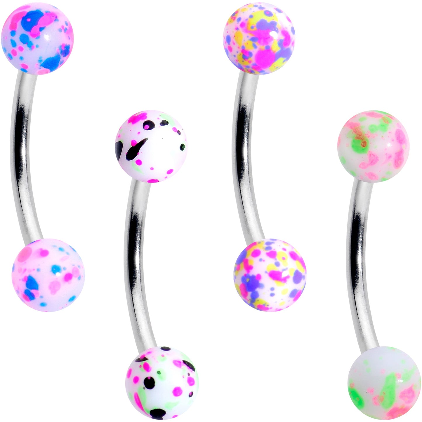16G 3/8 Splatter Pink Green Blue Curved Eyebrow Ring Set of 4