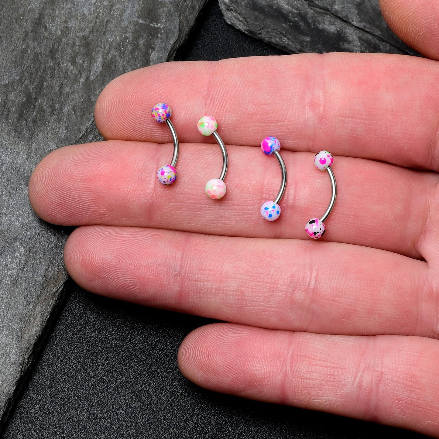 16G 3/8 Splatter Pink Green Blue Curved Eyebrow Ring Set of 4