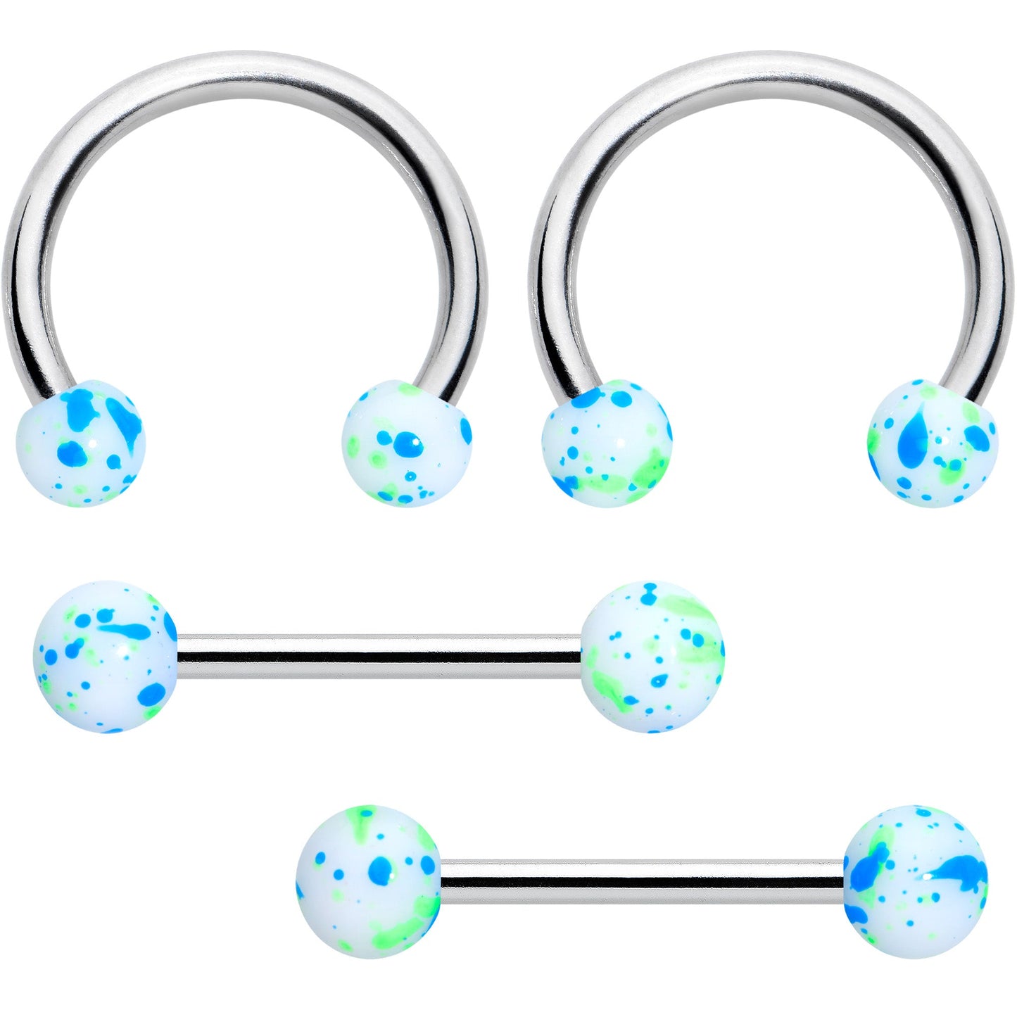 14G 9/16 1/2 Splatter Blue Green Barbell Horseshoe Nipple Ring Set of 4