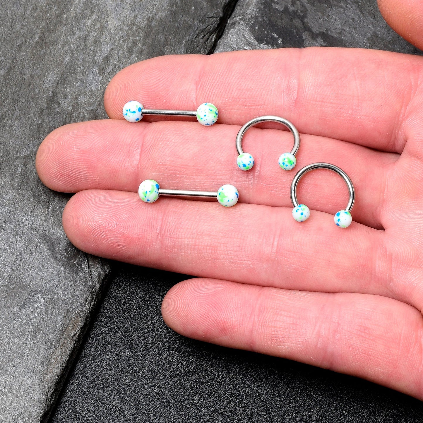 14G 9/16 1/2 Splatter Blue Green Barbell Horseshoe Nipple Ring Set of 4
