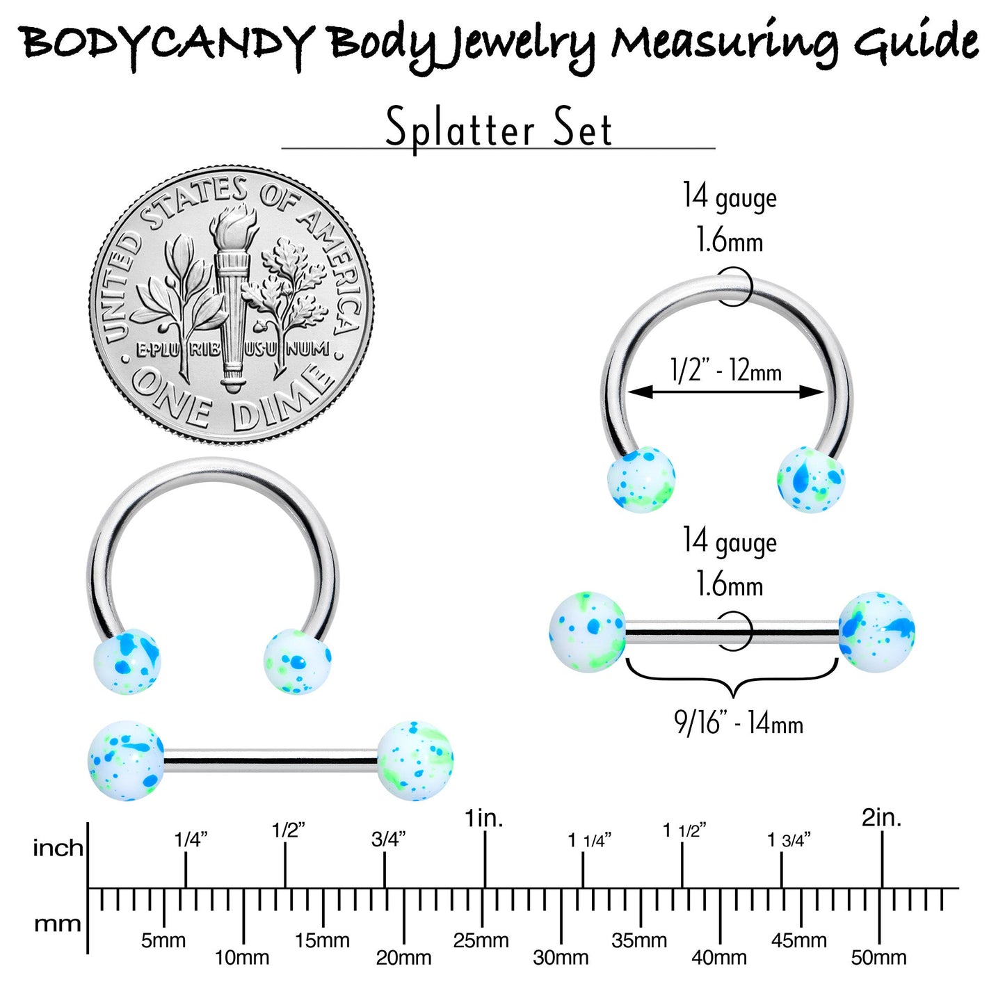 14G 9/16 1/2 Splatter Blue Green Barbell Horseshoe Nipple Ring Set of 4