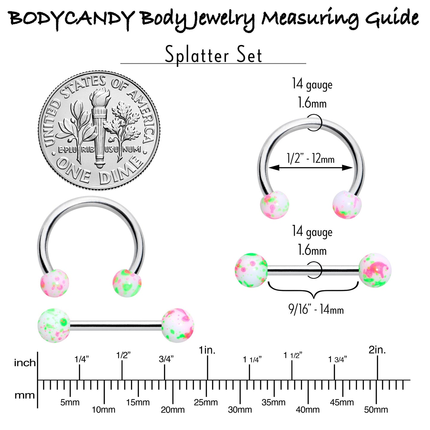 14G 9/16 1/2 Splatter Green Pink Barbell Horseshoe Nipple Ring Set of 4