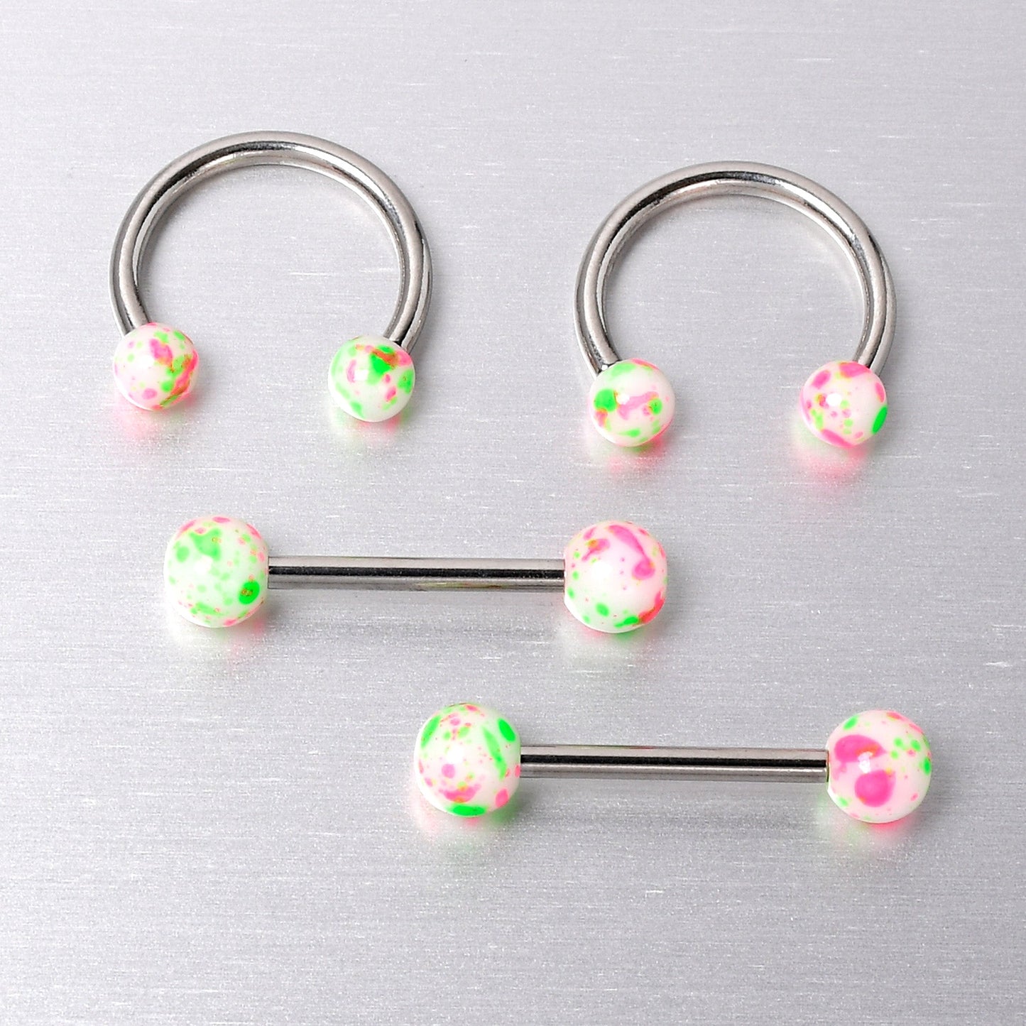 14G 9/16 1/2 Splatter Green Pink Barbell Horseshoe Nipple Ring Set of 4