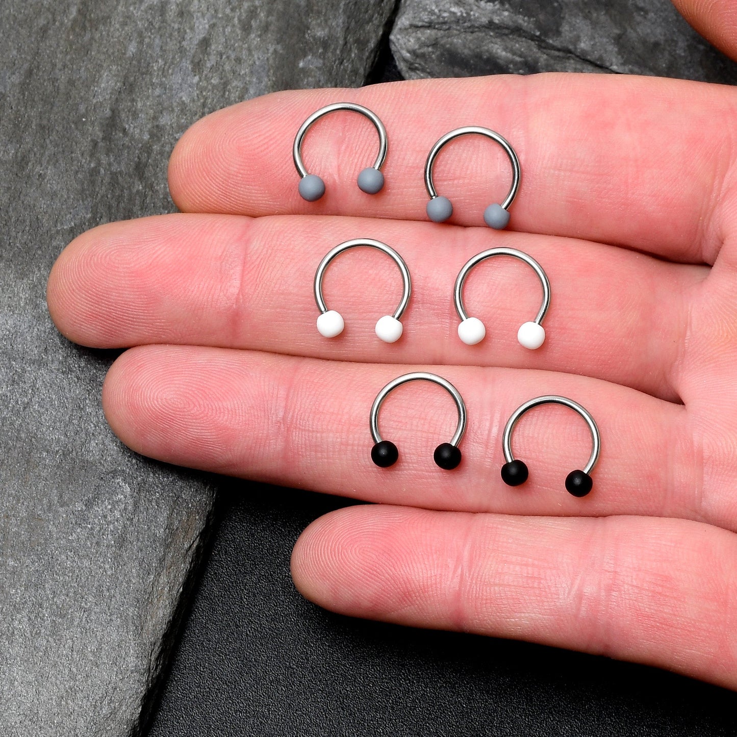 16G 3/8 Matte Black White Grey Horseshoe Circular Barbell Set of 6