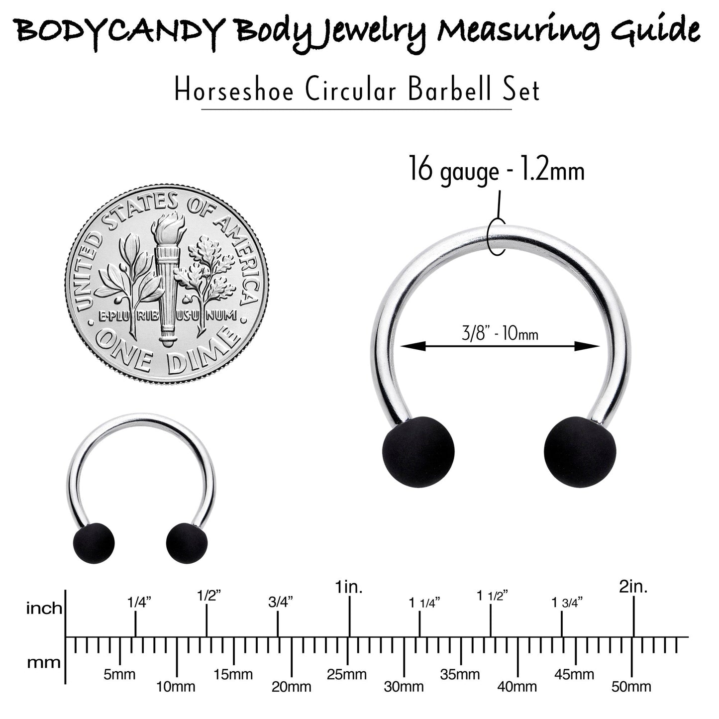 16G 3/8 Matte Black White Grey Horseshoe Circular Barbell Set of 6