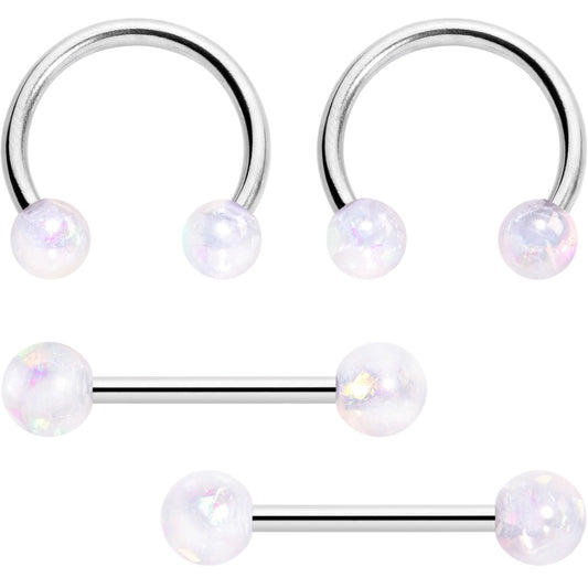 14G 9/16 White Faux Opal Horseshoe Barbell Nipple Ring Set of 4