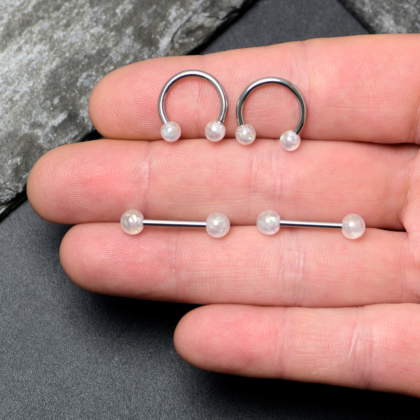 14G 9/16 White Faux Opal Horseshoe Barbell Nipple Ring Set of 4