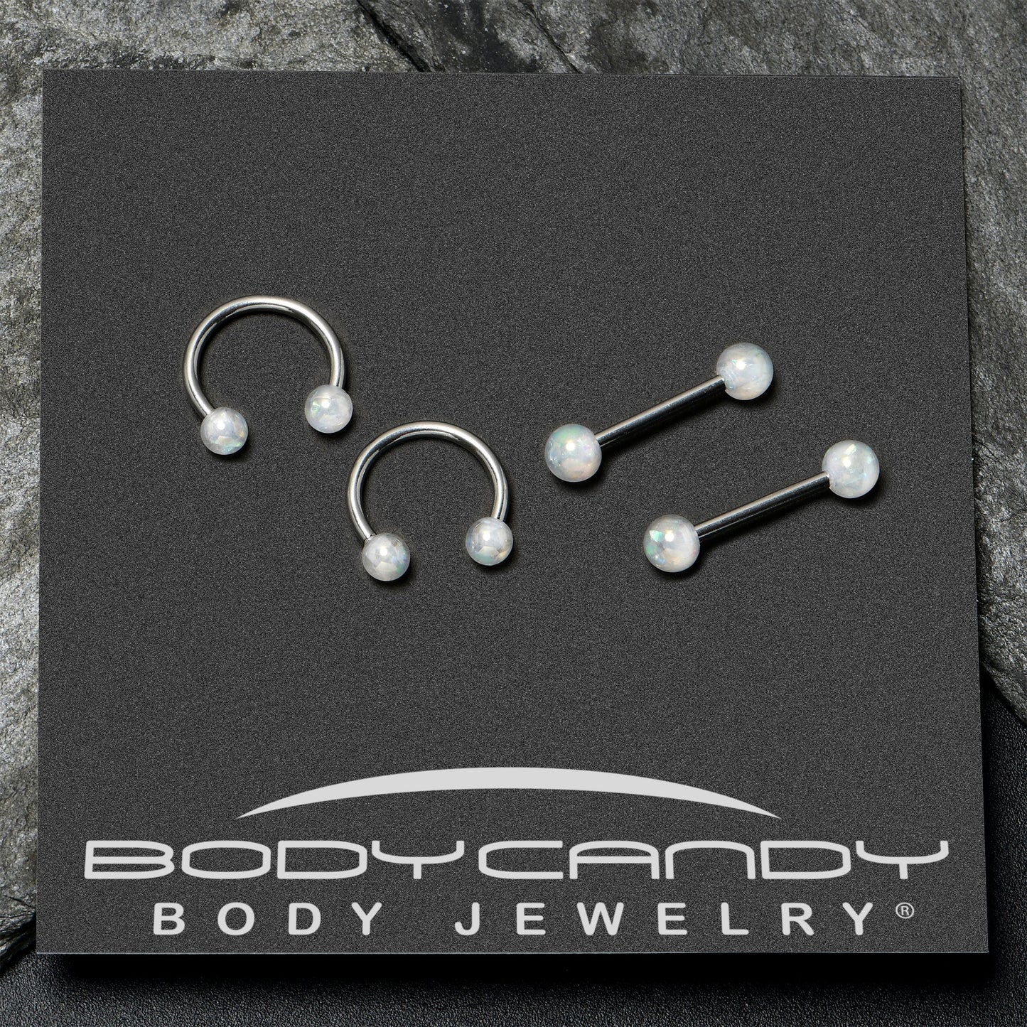 14G 9/16 White Faux Opal Horseshoe Barbell Nipple Ring Set of 4