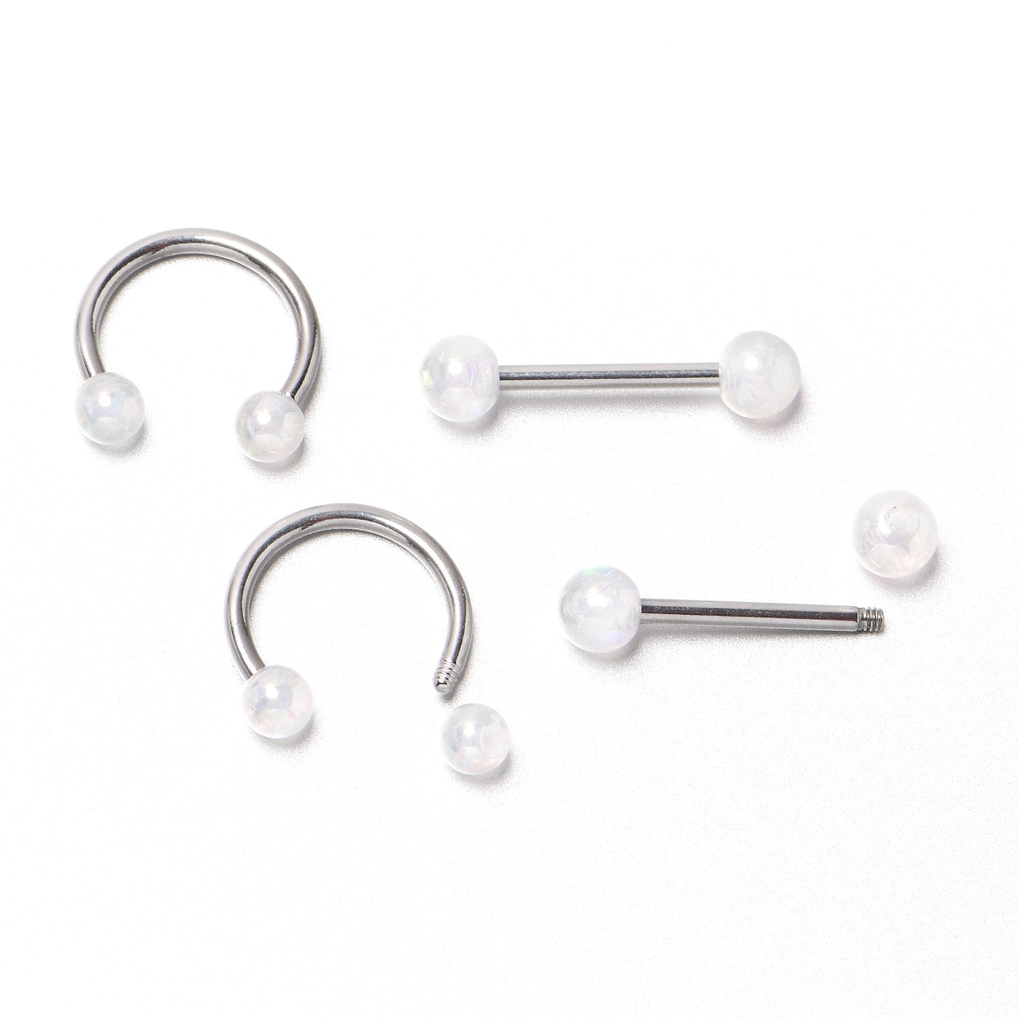 14G 9/16 White Faux Opal Horseshoe Barbell Nipple Ring Set of 4