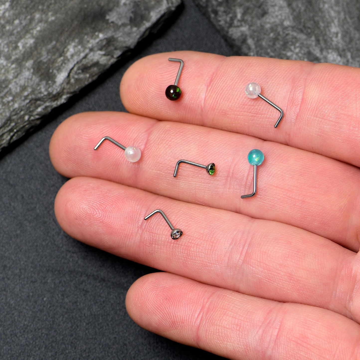 20G 1/4 Green Gem Green Aurora Faux Opal Pack L Shape Nose Ring Set of 6