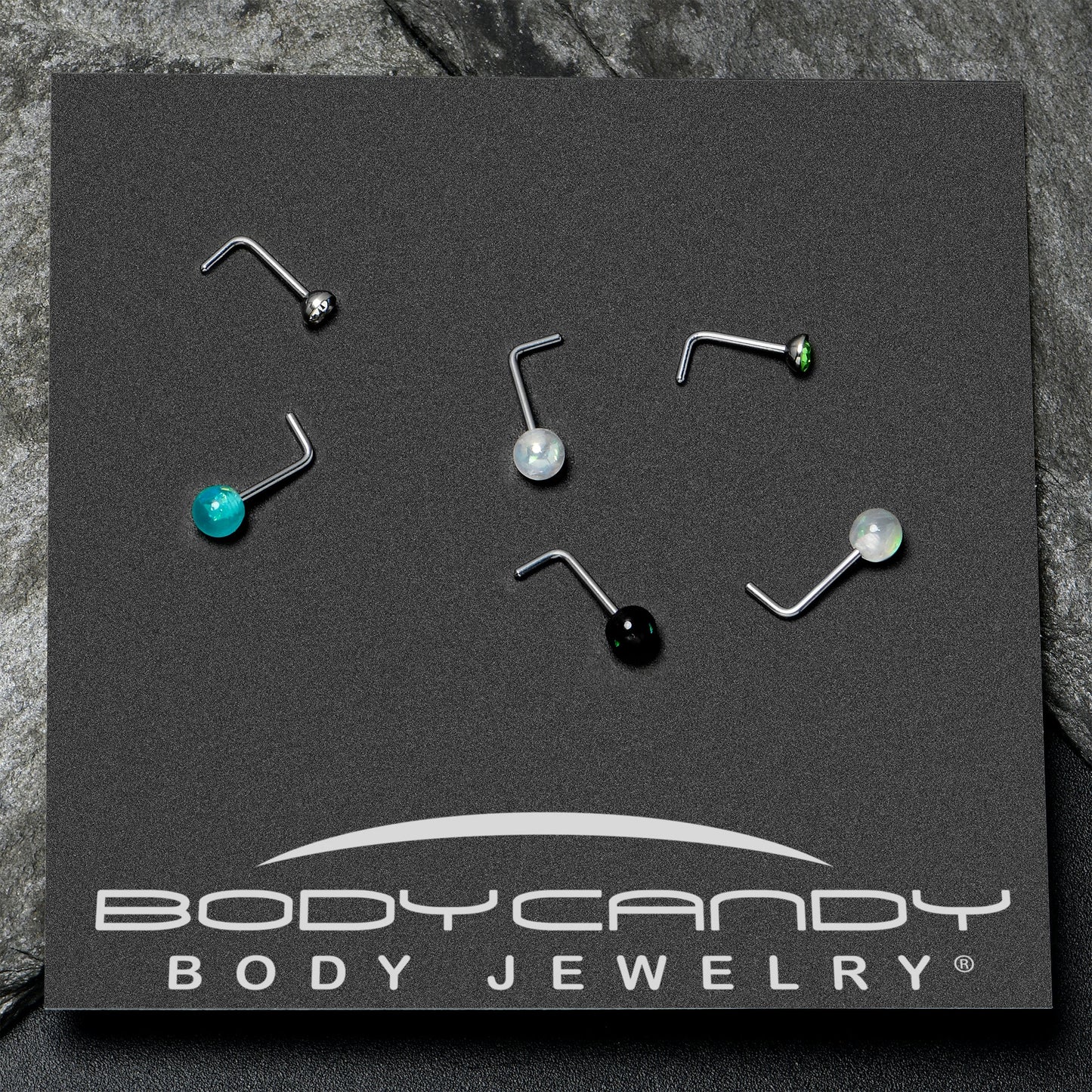 20G 1/4 Green Gem Green Aurora Faux Opal Pack L Shape Nose Ring Set of 6