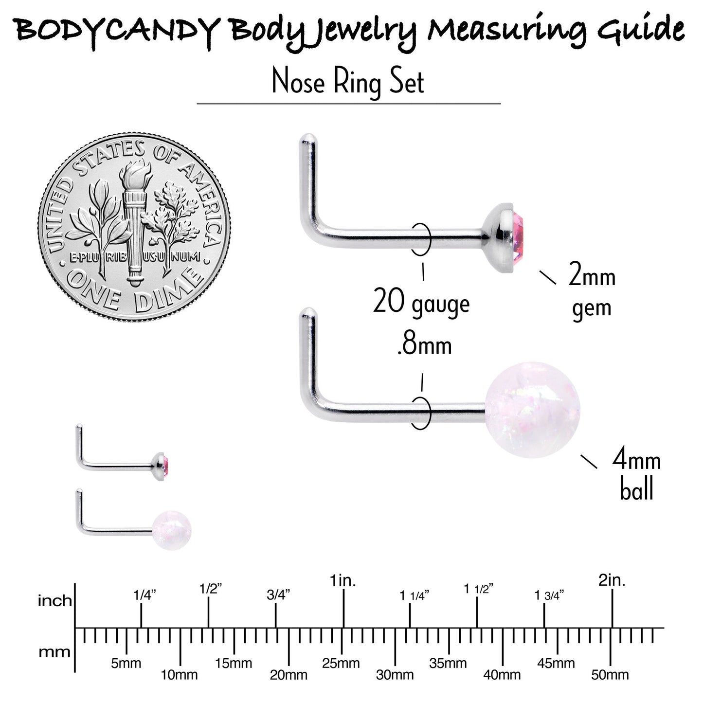 20G 1/4 Pink Gem Purple Pink Faux Opal Pack L Shape Nose Ring Set of 6