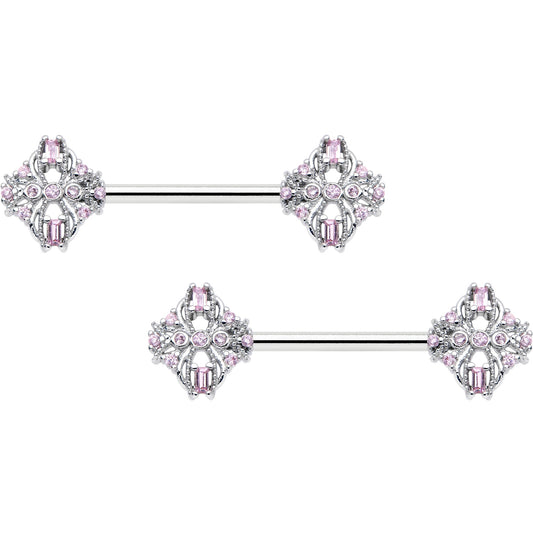 14G 9/16 Pink Gem Opulent Cross Barbell Nipple Ring Set