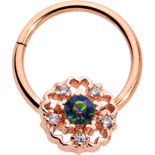 16G 3/8 Vitrail Gem Rose Gold Hue Flower Hinged Segment Ring