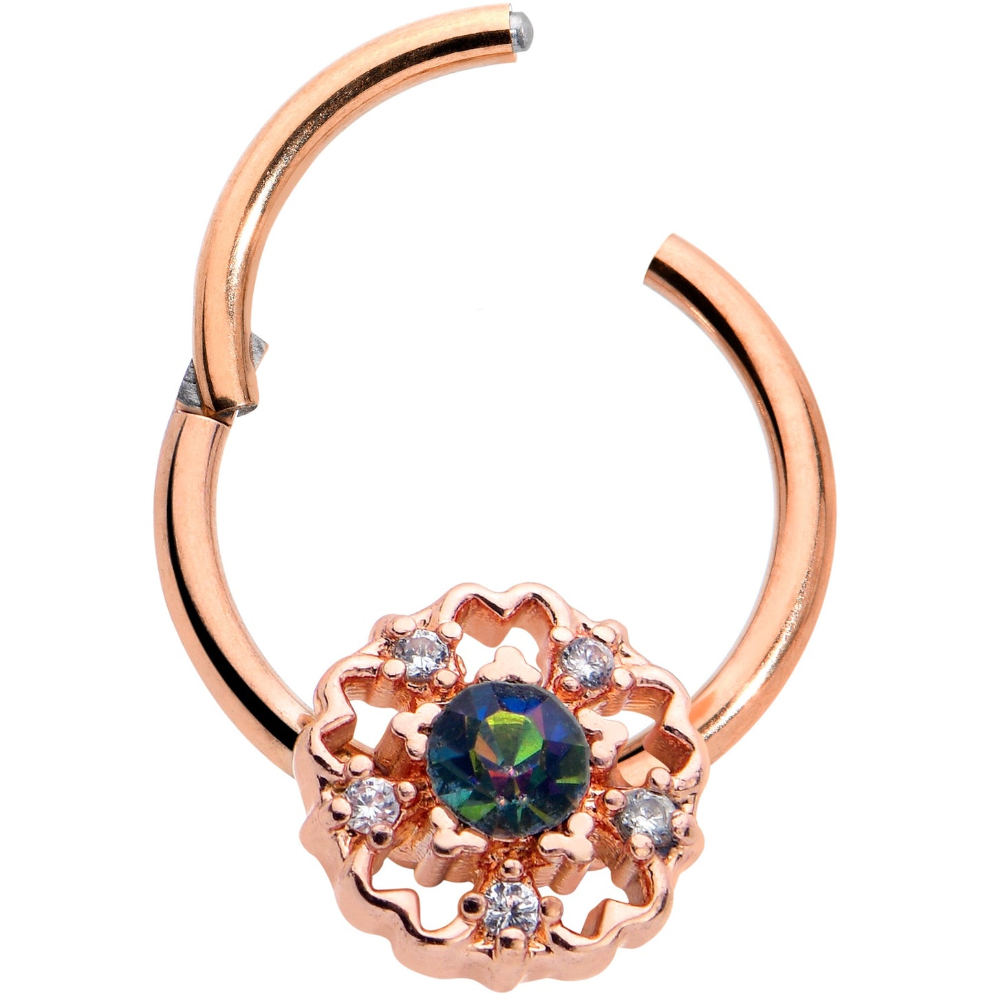 16G 3/8 Vitrail Gem Rose Gold Hue Flower Hinged Segment Ring