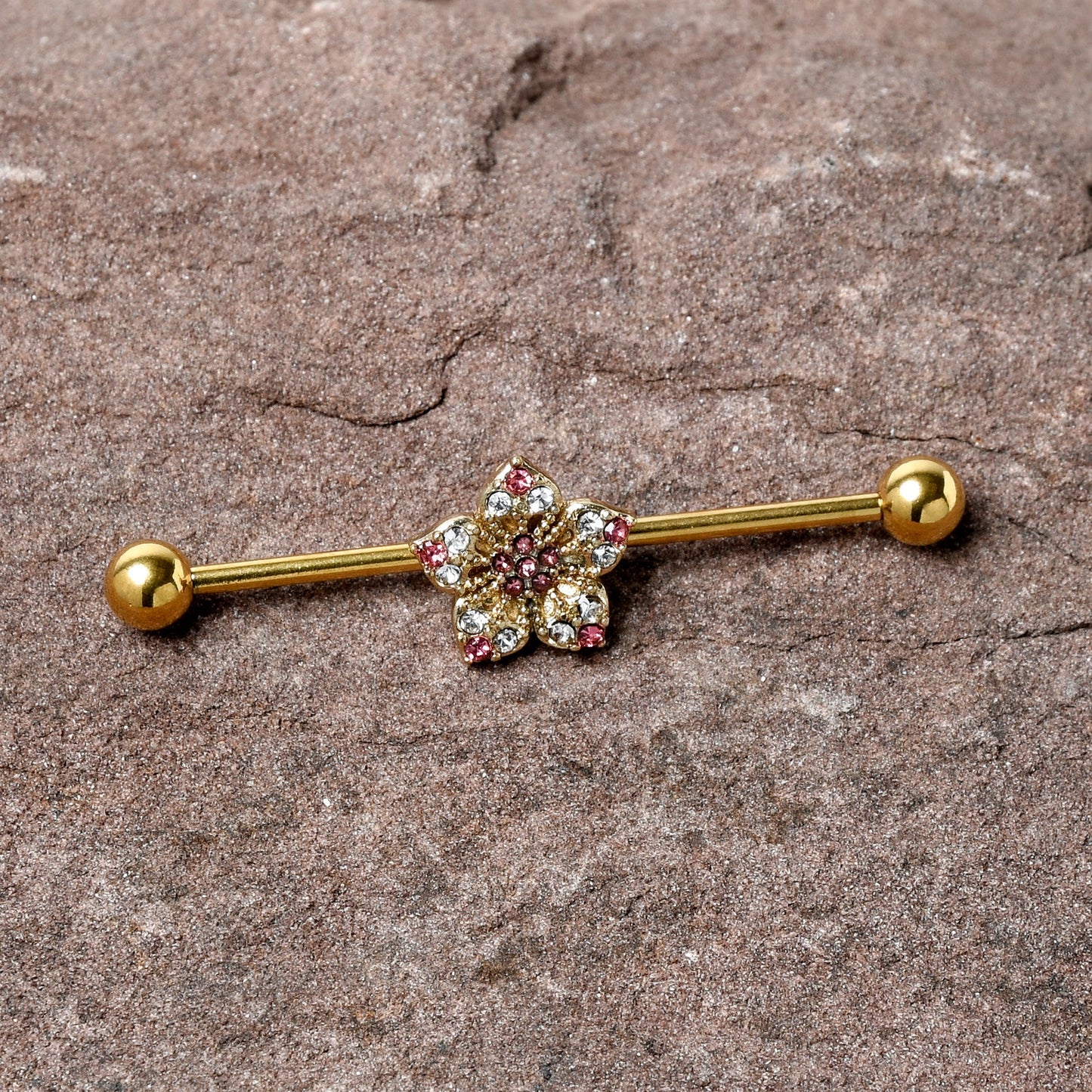 14G Clear Pink Gem Gold Tone Texture Star Industrial Barbell 38mm