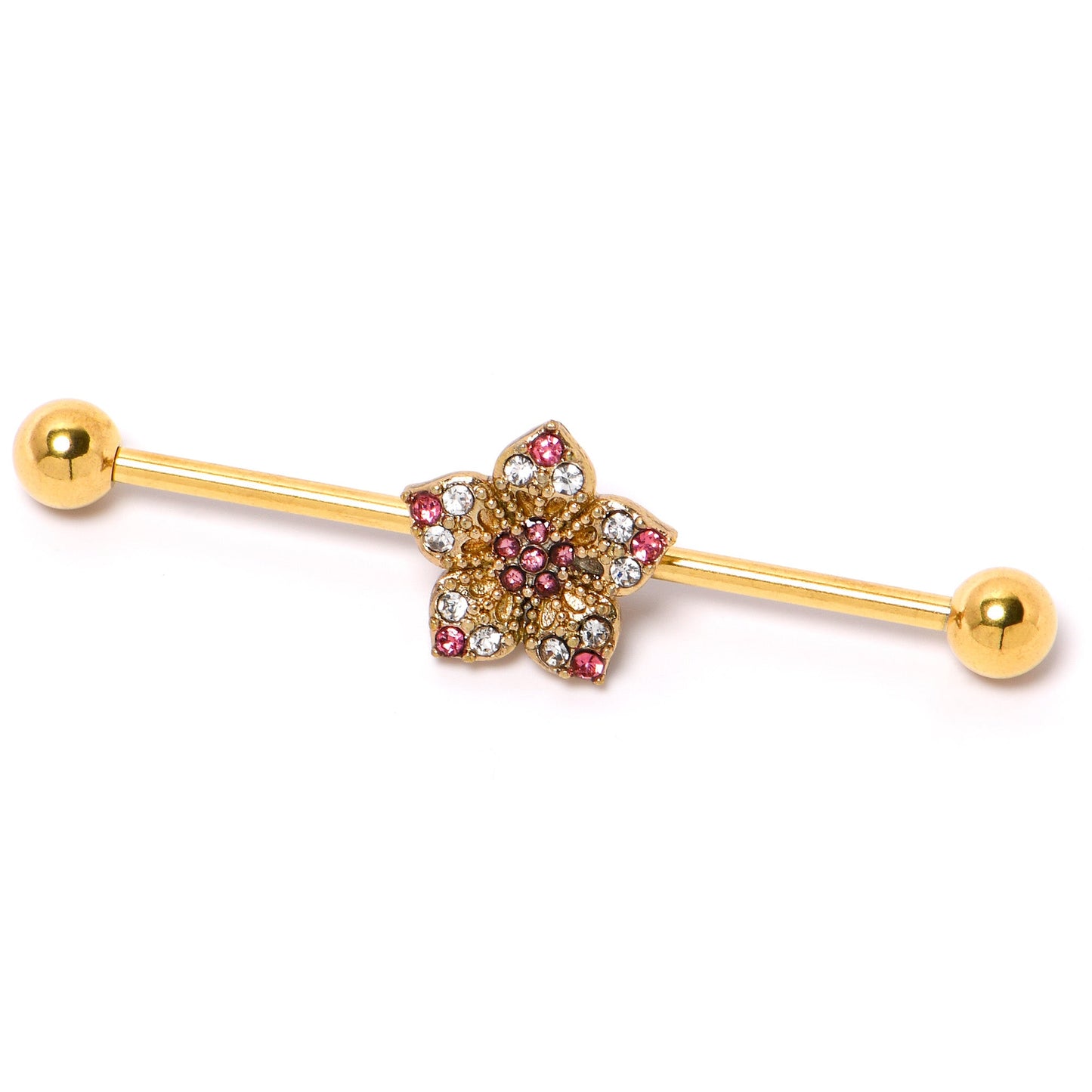 14G Clear Pink Gem Gold Tone Texture Star Industrial Barbell 38mm