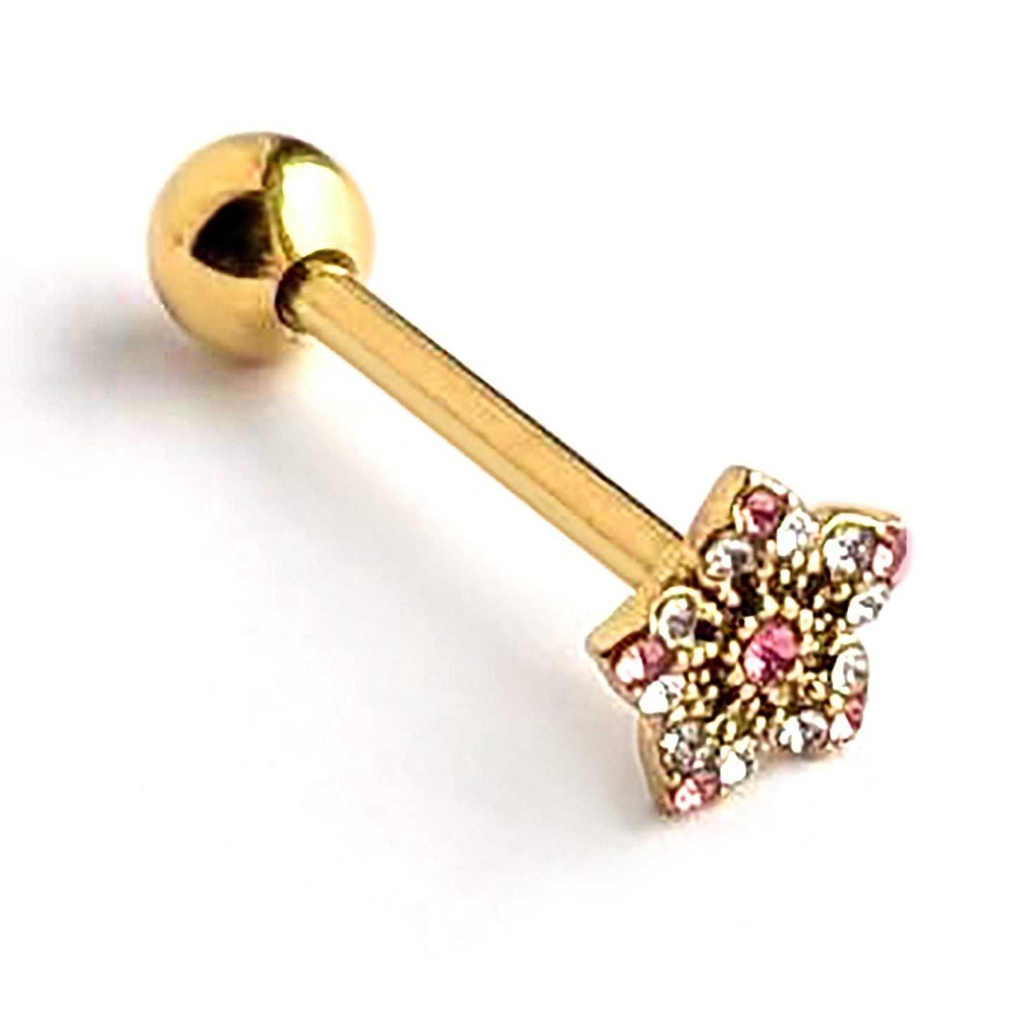 Pink Clear Gem Gold Tone Texture Star Barbell Tongue Ring