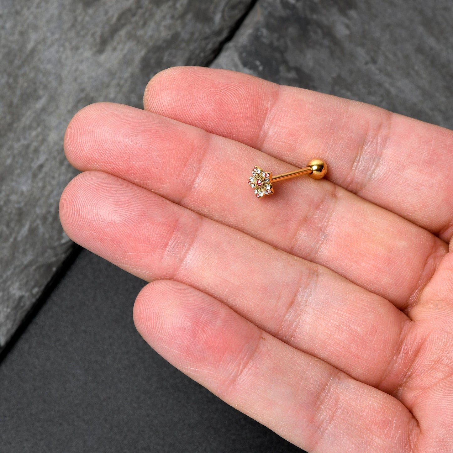 Pink Clear Gem Gold Tone Texture Star Barbell Tongue Ring