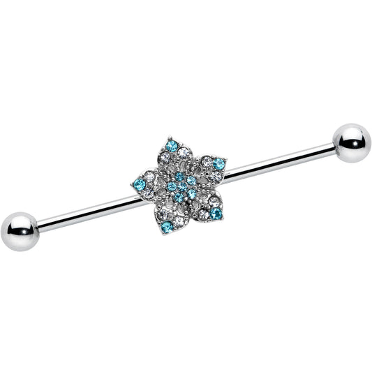 14G Blue Clear Gem Opulent Flower Industrial Barbell 38mm