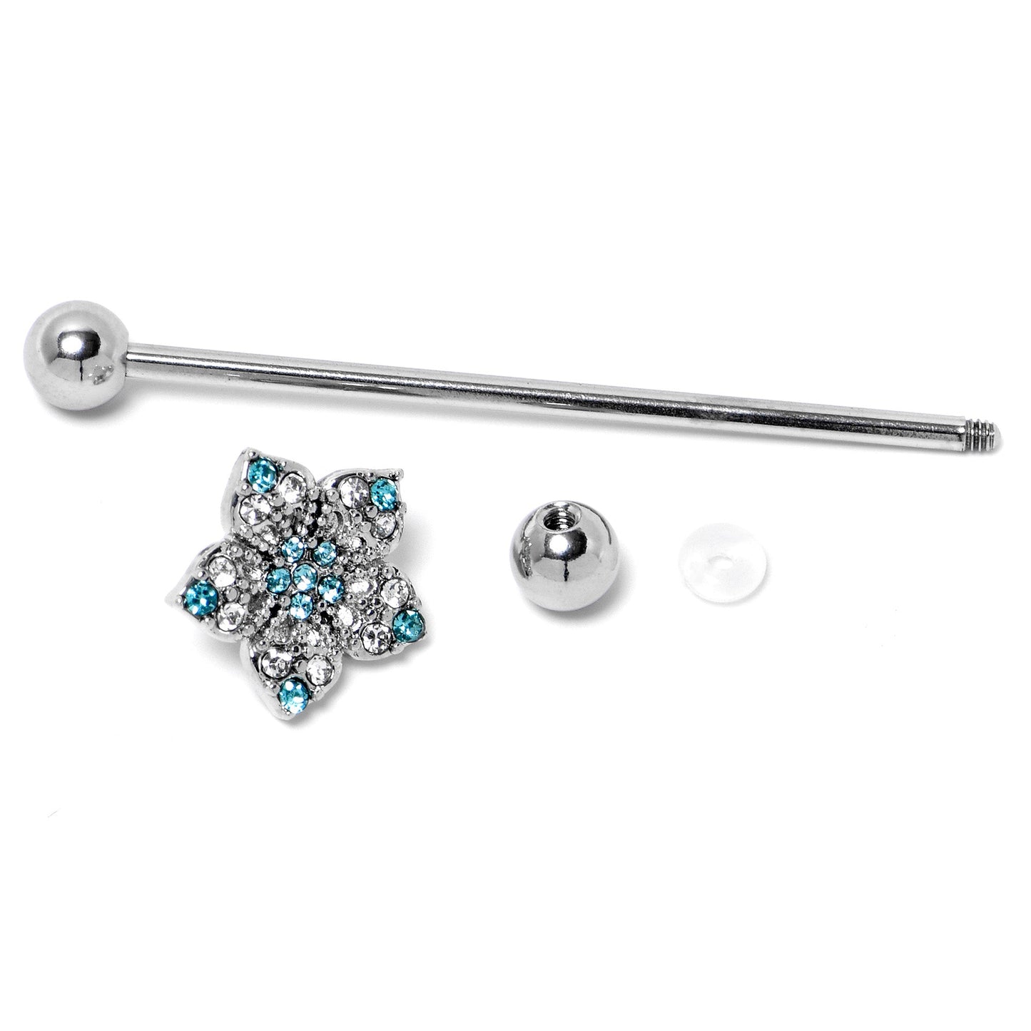 14G Blue Clear Gem Opulent Flower Industrial Barbell 38mm