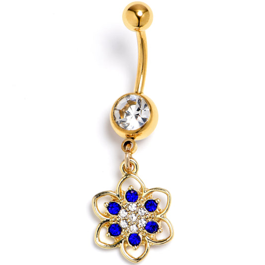 Clear Blue Gem Gold Tone Radiant Bloom Dangle Belly Ring