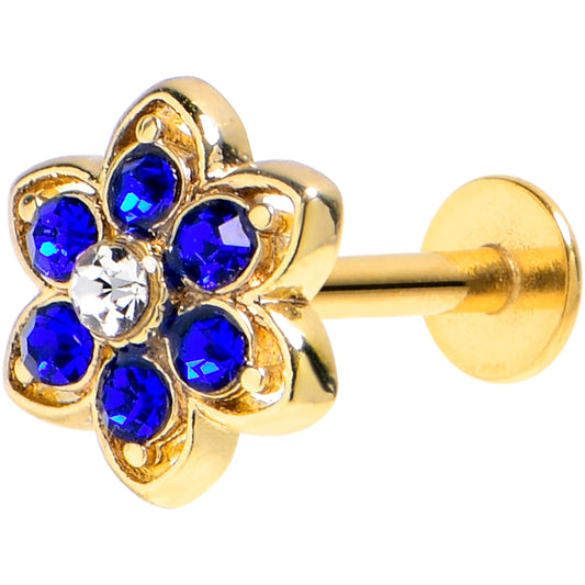 16G 1/4 Blue Gem Gold Tone Radiant Bloom Flower Labret