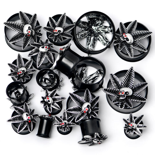 Red Gem Black Pot Leaf Skull Tunnel Plug Set