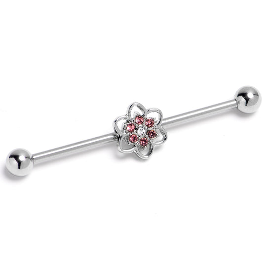14G Pink Radiant Blossom Flower Industrial Barbell 38mm