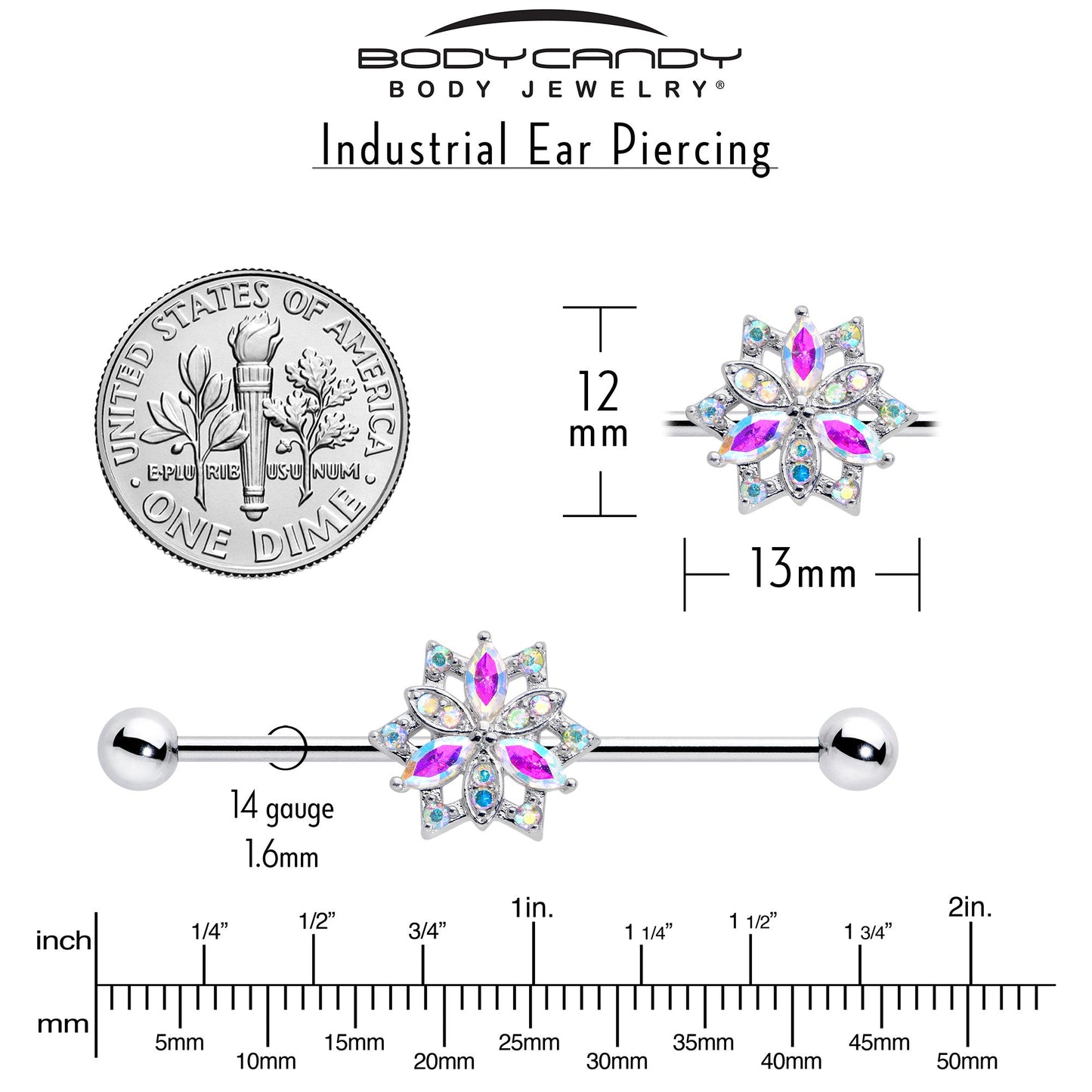 14G Aurora CZ Gem Snowflake Style Industrial Barbell 38mm