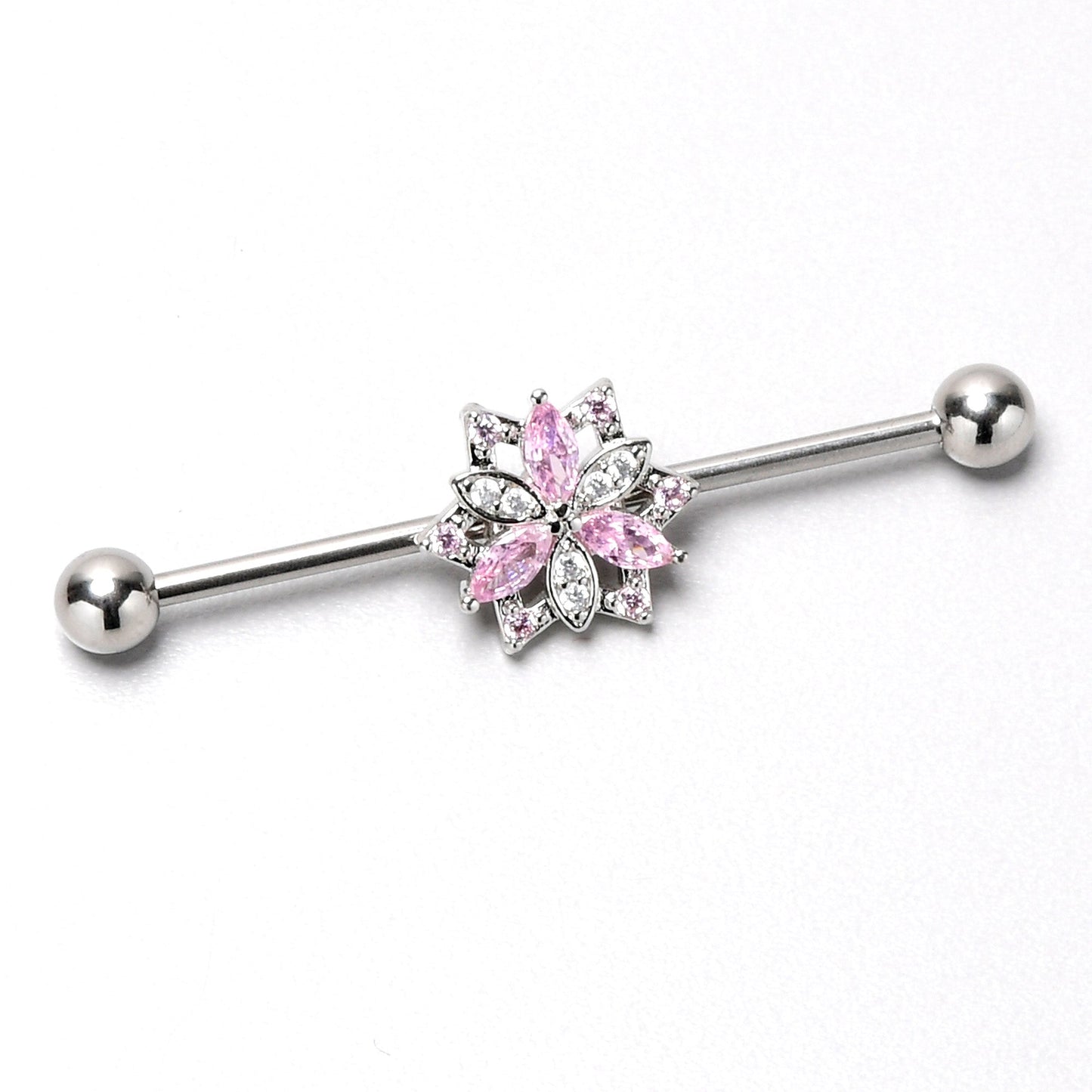 14G Pink Clear CZ Gem Snowflake Style Industrial Barbell 38mm
