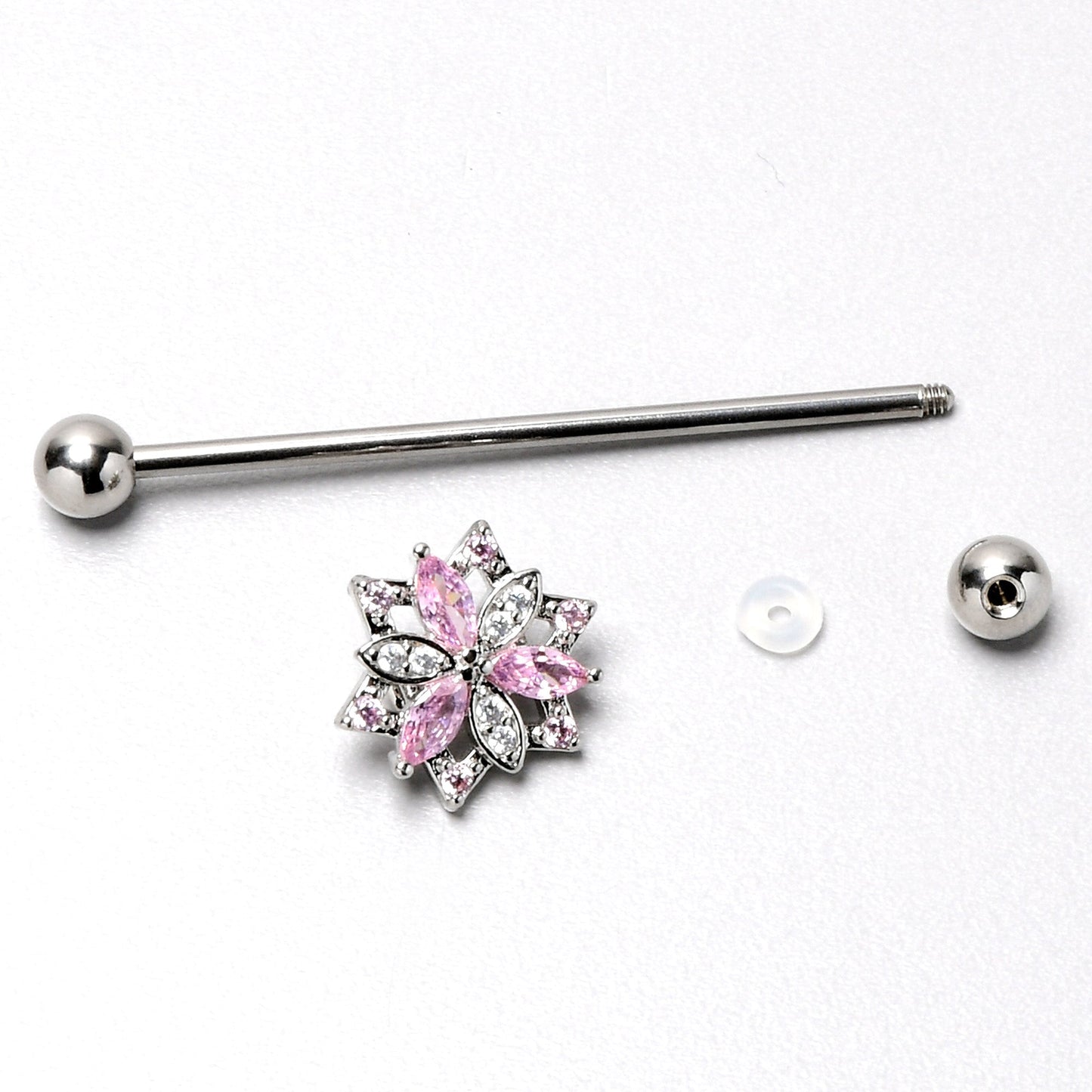14G Pink Clear CZ Gem Snowflake Style Industrial Barbell 38mm