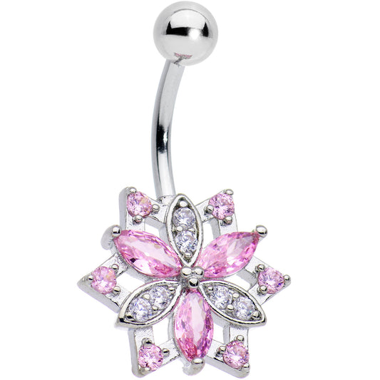 Pink Clear Gem Triple Elegance Flower Belly Ring