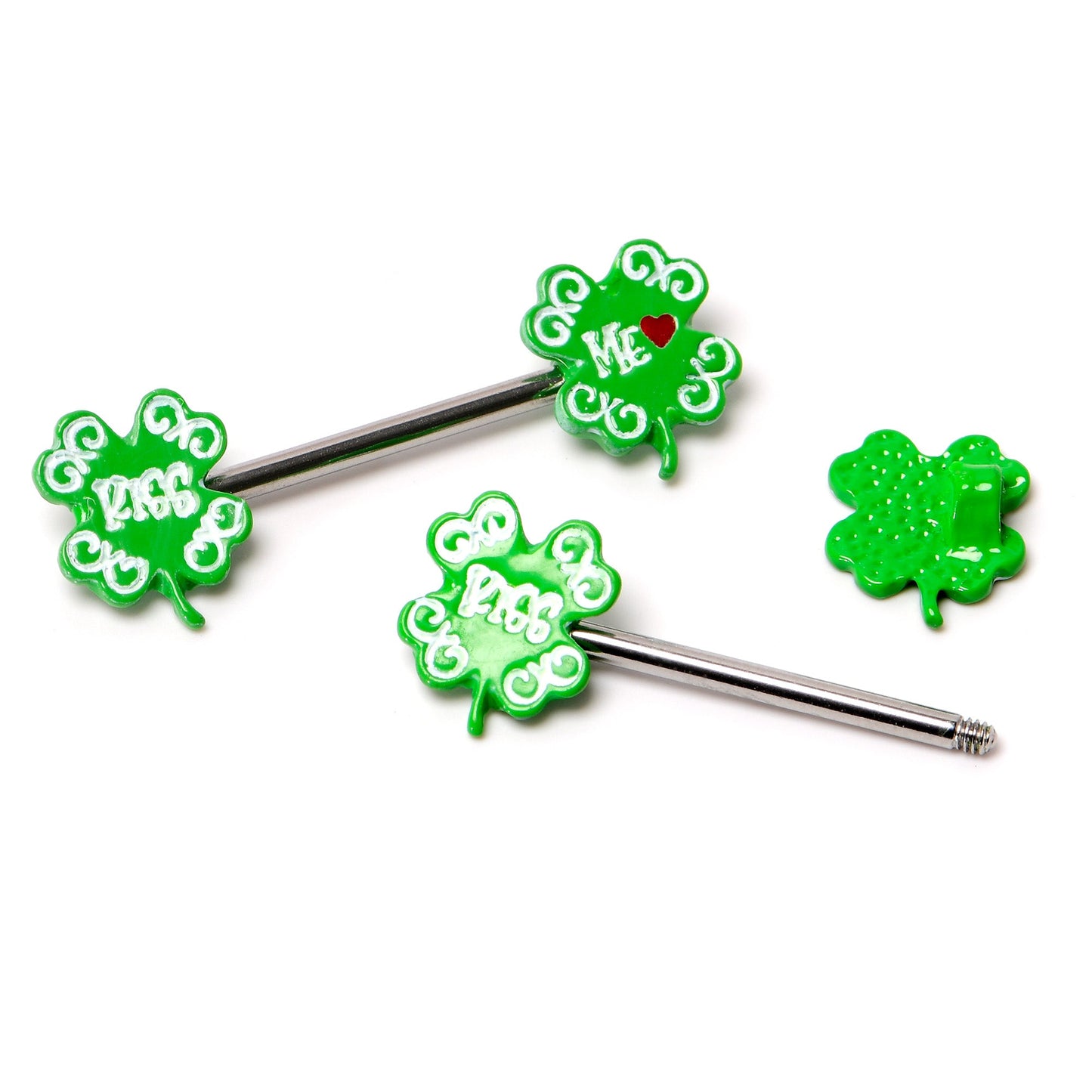 14G 9/16 Kiss Me Shamrock St Patricks Barbell Nipple Ring Set