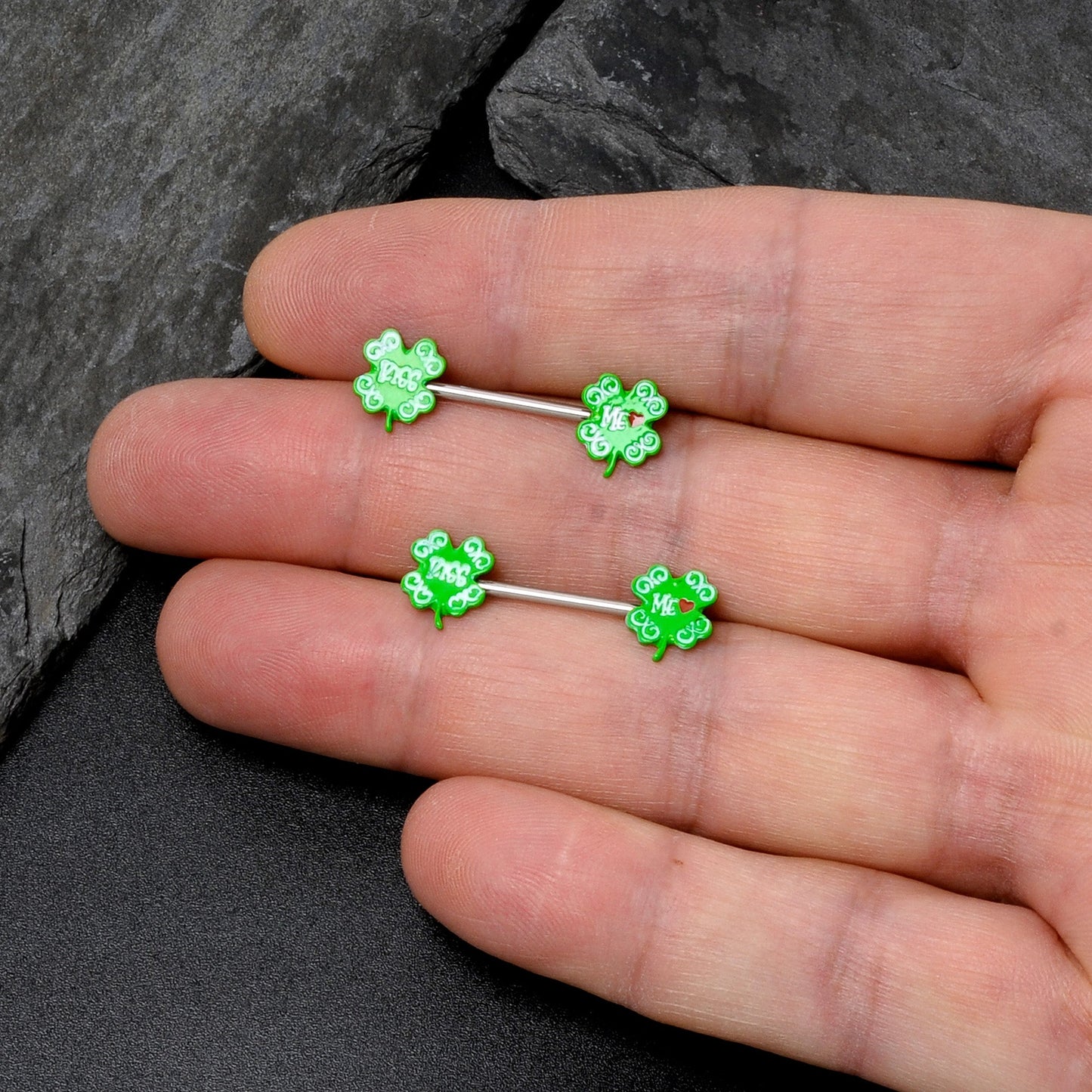 14G 9/16 Kiss Me Shamrock St Patricks Barbell Nipple Ring Set