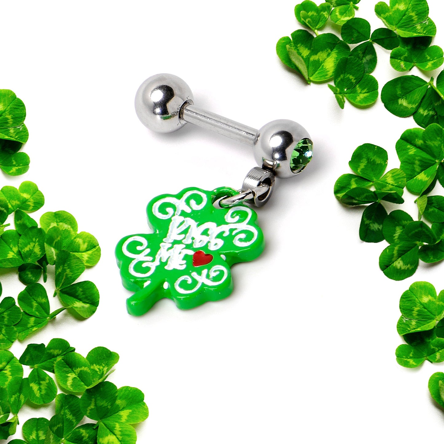 16G 1/4 Green Gem Kiss Me Shamrock St Patricks Cartilage Earring