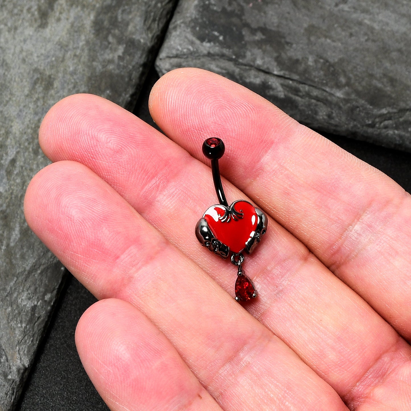 Red CZ Gem Black Double Skull Heart Dangle Belly Ring